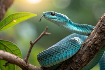 Fototapeta premium Blue-Green Snake Macro Photography on Branch with Natural Light and Bokeh