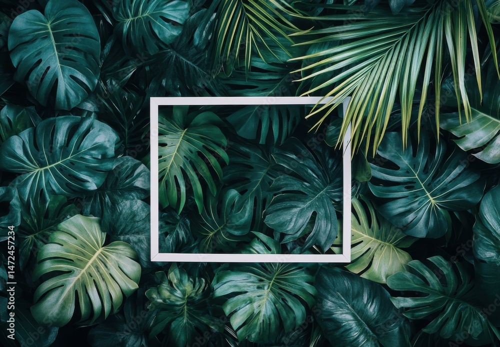 Poster a white frame rests on a lush backdrop of vibrant green monstera and palm leaves, creating a tropica