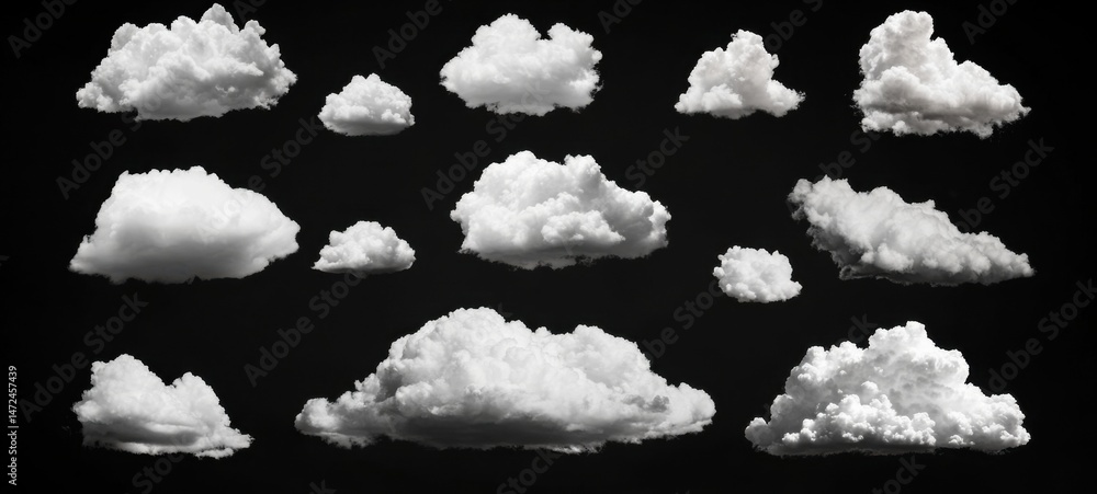 Leinwandbilder collection of various cumulus clouds isolated on a black background, perfect for weather, nature, or
