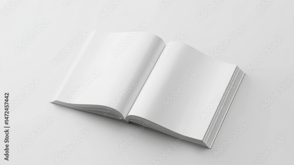 Poster A clean, open book with blank white pages rests on a pristine white surface, ready for your design or text. : Generative AI