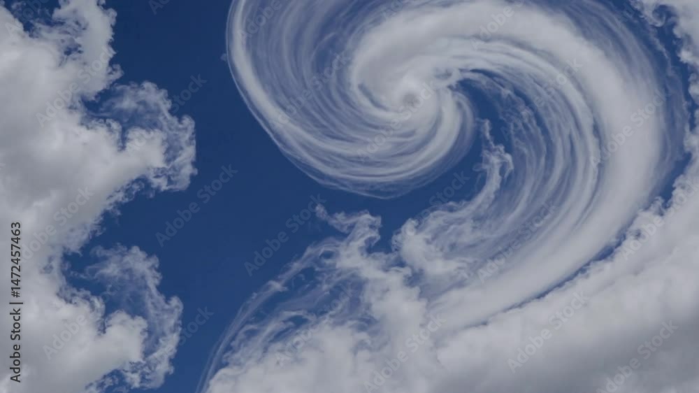 Poster wispy white clouds spiraling dynamically across brilliant blue sky, creating mesmerizing atmospheric
