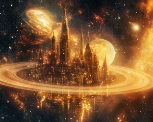 Golden floating city in a cosmic ring of light.