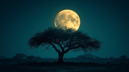 Full moon glows behind silhouette of tree against a dark blue sky, mystical
