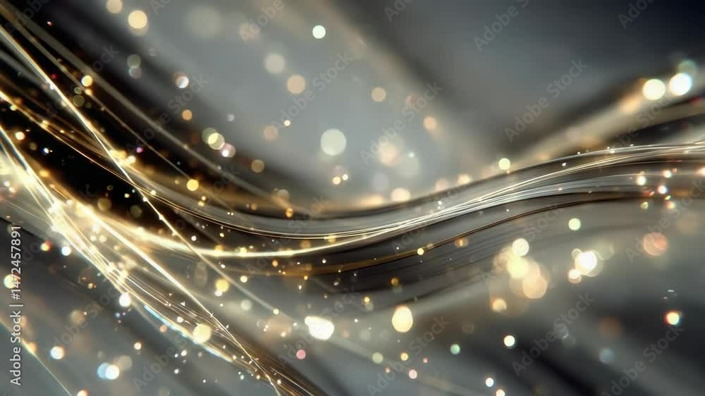 Poster golden waves flowing smoothly with glittering and sparkling particles on a dark background