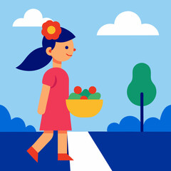 A  girl vector walks down the street. she has a basket of fruit on her hand. 