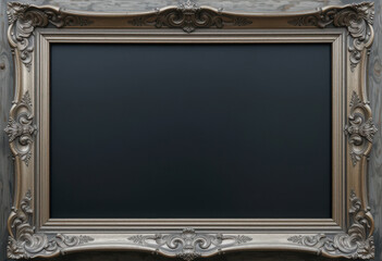 Ornate Metallic Frame with Blank Black Center on Wood Background