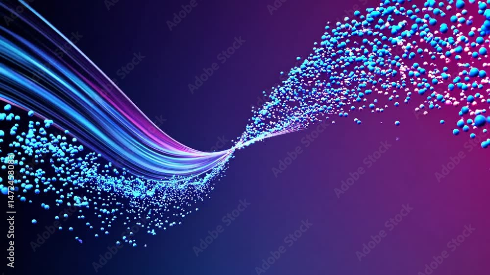 Poster gradient colored particle wave smoothly flowing across digital landscape, representing dynamic energ