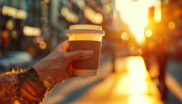a hand holds a disposable coffee cup against a blurred, warmly lit urban background.
