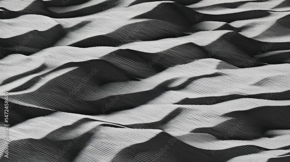Poster monochrome digital animation revealing hypnotic, undulating wave patterns flowing seamlessly with el