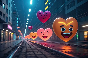 Animated heart emojis floating over train tracks in a city at night romantic concept