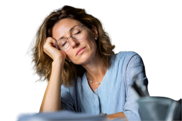 Tired woman resting head on hand wearing glasses feeling exhausted stressed overworked adult female on transparent background sad