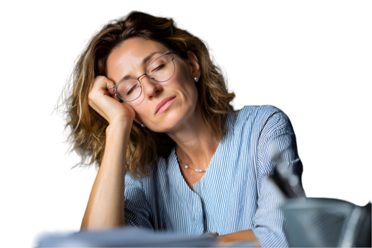 Tired woman resting head on hand wearing glasses feeling exhausted stressed overworked adult female on transparent background sad