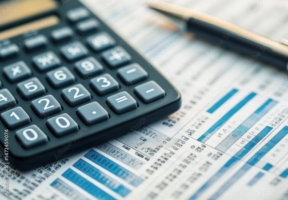 Poster close-up of a calculator resting on a financial report, showcasing detailed numbers and charts; a pe