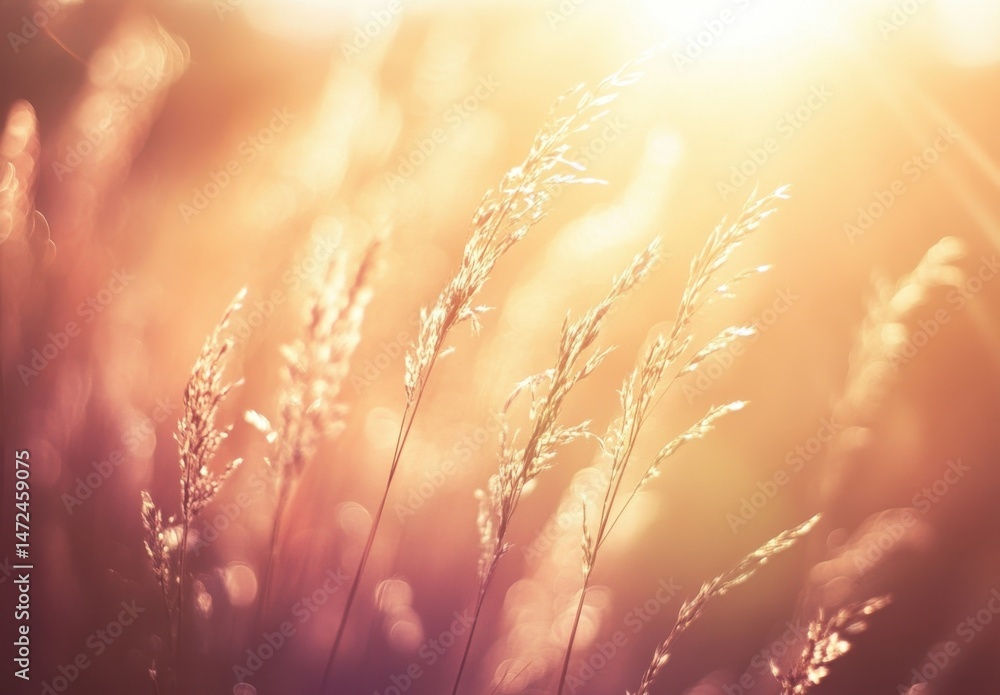 Poster golden hour sunlight illuminates tall grass blades, creating a warm, dreamy, and peaceful summer sce