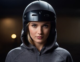 Focused female athlete in a black helmet, exuding confidence and determination against a dark background.