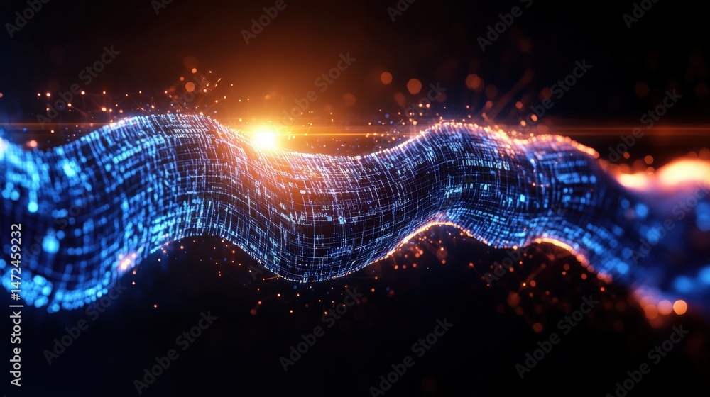 Poster abstract flowing data stream with glowing lights and intricate patterns against a dark black backgro