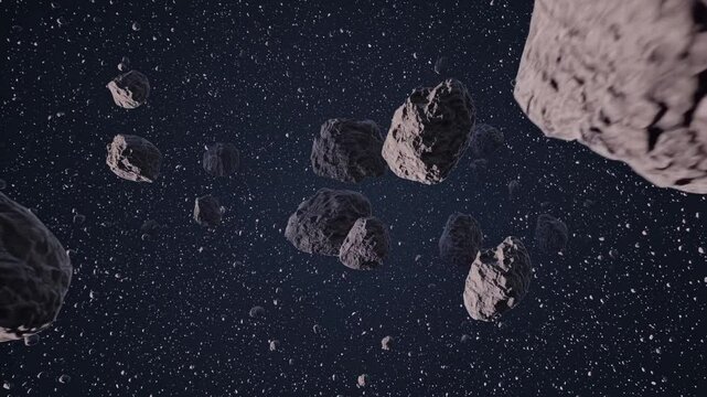 Rocky asteroids floating silently through dark, expansive cosmic environment, representing planetary exploration and astronomical phenomenon of deep space regions