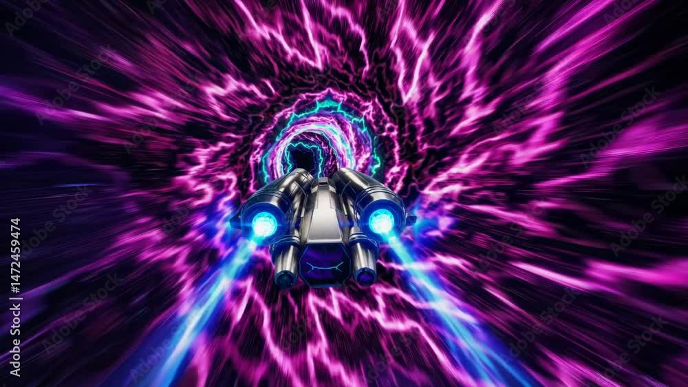 Poster advanced spacecraft navigating luminous wormhole, revealing colorful energy patterns swirling throug