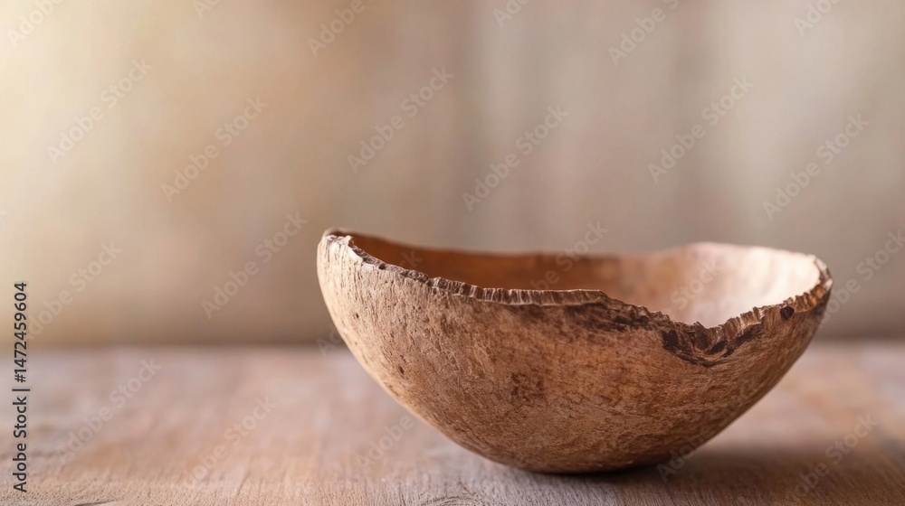 Poster rustic coconut shell bowl sits on a wooden table against a blurred beige background, showcasing its 