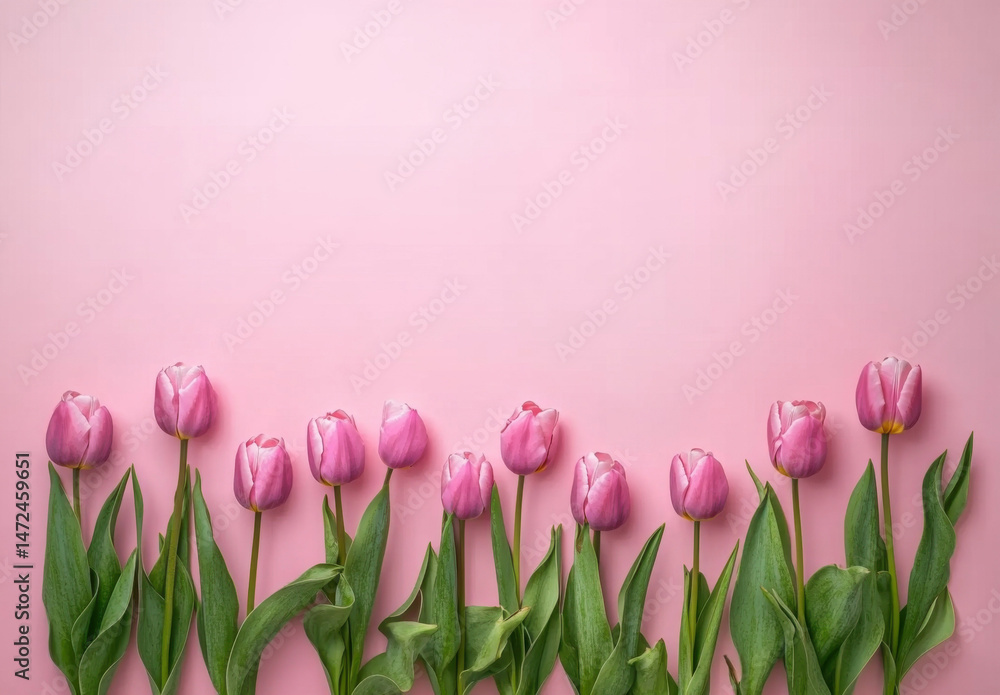 Leinwandbilder pink tulips arranged in a row against a pale pink background, creating a delicate and elegant floral
