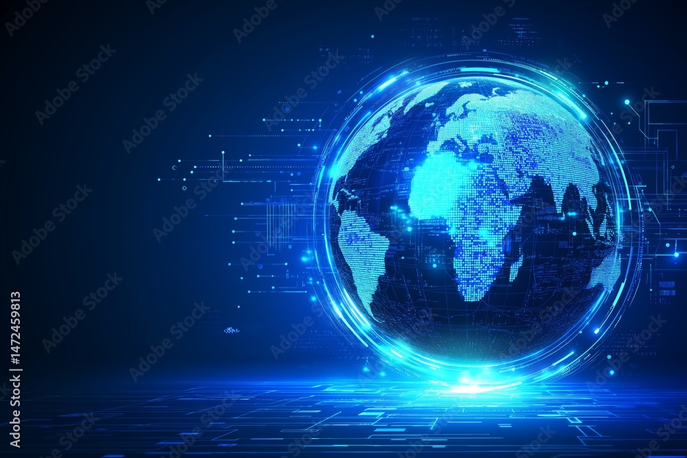 Aufkleber Futuristic digital world map with glowing blue lines and global network grid for tech and communication, Generative AI