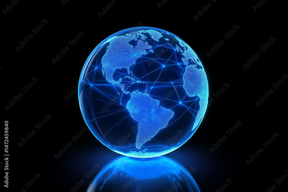Fototapete Clean digital earth with blue glowing map and data points in minimal light background for global connection, Generative AI