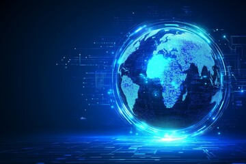 Naklejka premium Futuristic digital world map with glowing blue lines and global network grid for tech and communication, Generative AI