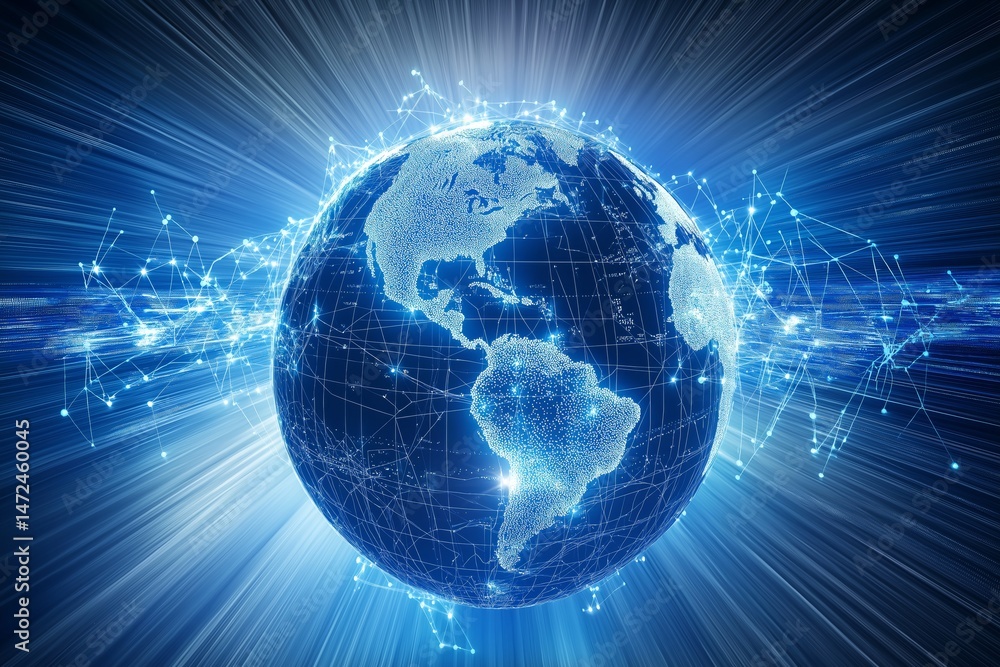 Aufkleber Clean digital earth with blue glowing map and data points in minimal light background for global connection, Generative AI