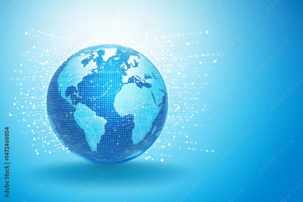 Aufkleber Clean digital earth with blue glowing map and data points in minimal light background for global connection, Generative AI