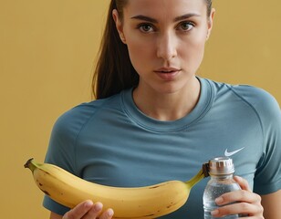 A focused young woman holds a banana and water bottle, showcasing healthy living in a vibrant setting.
