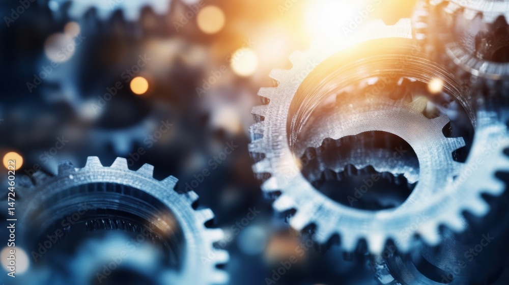 Poster Close-up view of intricate metal gears interlocked, showcasing precision engineering and complex mechanism.  Illuminated with warm light, suggesting industrial power and efficiency. : Generative AI