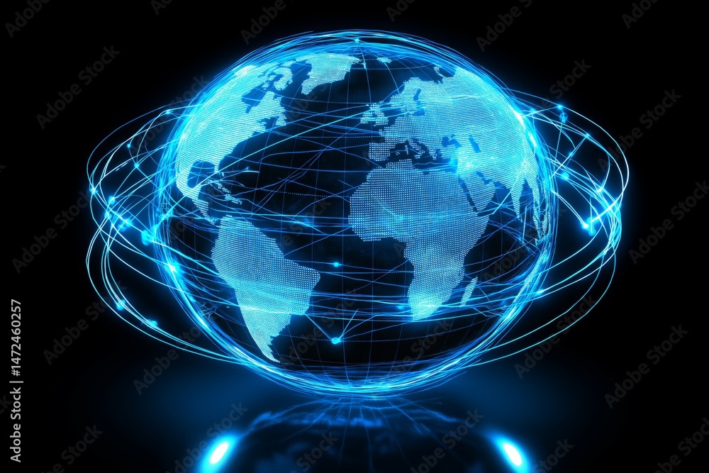 Aufkleber Futuristic digital world map with glowing blue lines and global network grid for tech and communication, Generative AI