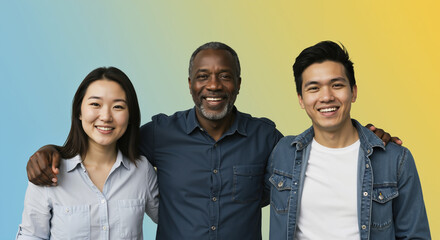 Diverse group of smiling people standing together against blue and yellow gradient background. Team unity for workplace diversity campaigns and inclusive corporate culture