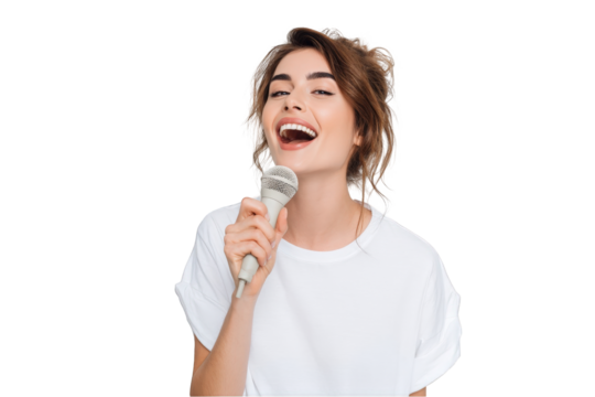 Young woman singing into microphone happy expression casual white tshirt studio shot bright lighting female vocalist music on transparent background - Powered by Adobe