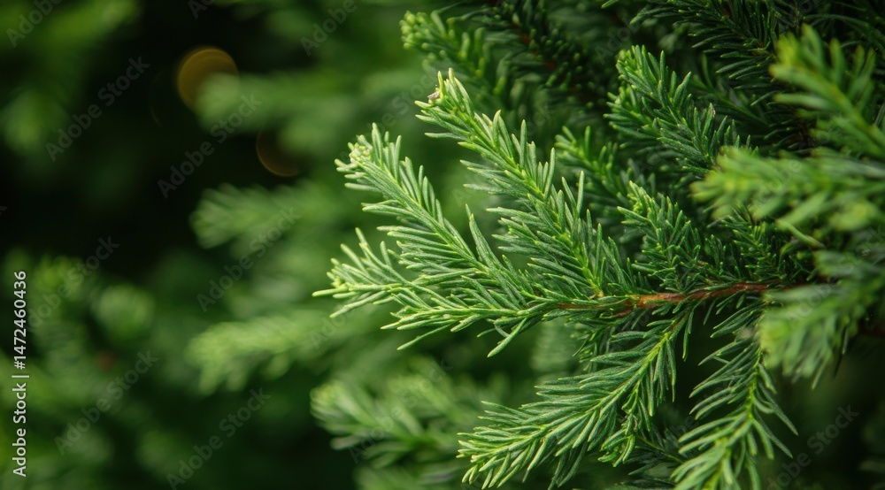 Poster close-up view of vibrant green conifer needles, showcasing intricate details and lush texture. the i