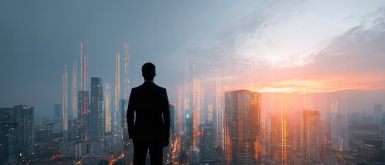 Businessman gazing over a vibrant city skyline