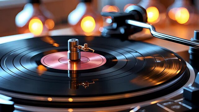 Closeup of Spinning Vinyl Record on Turntable with Warm Ambient Lighting and Retro Style Setup in Cozy Indoor Music Listening Space

