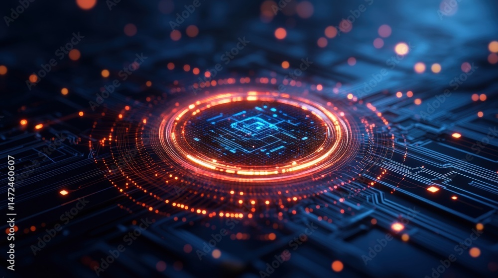 Poster intricate digital circuit board featu glowing concentric s and abstract processor visualization.
