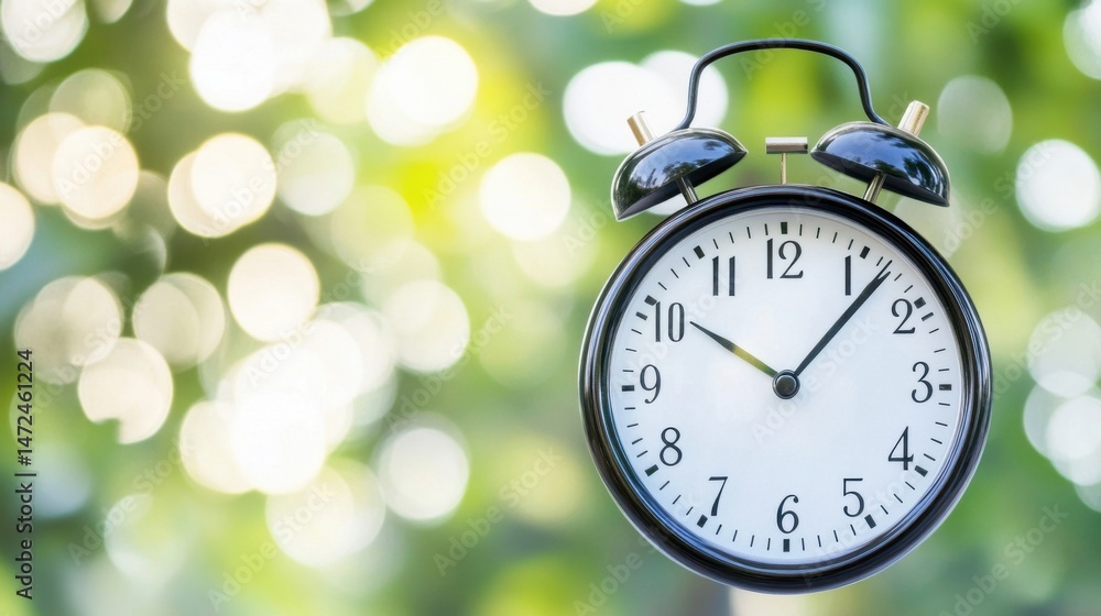 Poster classic black alarm clock showing the time against a bright, blurred green bokeh background, suggest