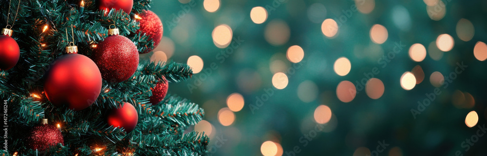 Poster close-up of red christmas ornaments hanging on a lush green artificial christmas tree, with a teal a