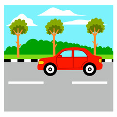 Vector illustration of a highway scene with a red car against a background of trees, clear sky and clouds. Suitable for transportation, vehicles, traffic and children's education themes.