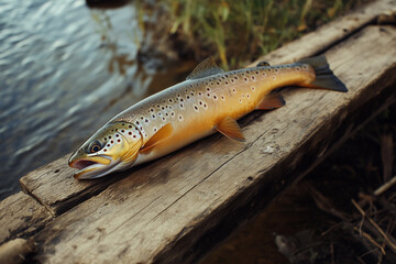 Obraz premium Beautiful Brown Trout Close-Up on Rustic Wooden Surface by Riverbank – Wild Catch and Tranquil Fishing Moment