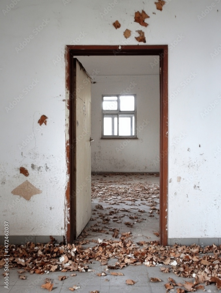Poster open doorway reveals a dilapidated room strewn with fallen leaves, sunlight filtering through a sing