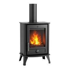 Modern wood-burning stove with vibrant flames.