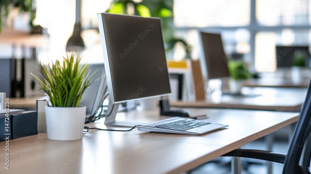 Poster modern office workspace with a computer, keyboard, and a small potted plant on a light wooden desk, 