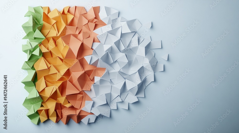 Poster abstract geometric pattern with green, orange, and white paper shapes on a light background creating