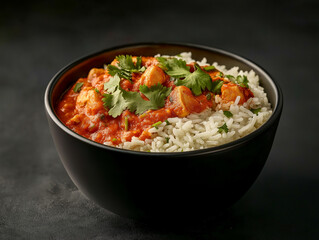 A 45-degree angle shot of a Tikka Masala rice bowl, with a rich and creamy red curry sauce, garnished with cilantro. The bowl is filled with half basmati rice and half chicken tikka masala, placed in 