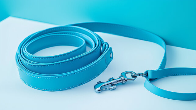 blue hand free leash, belt for walk with dog, pet accessories closeup shot isolated on minimal white wooden table 