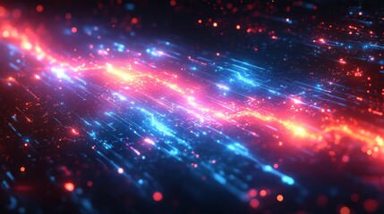 Obraz premium Abstract neon streams, dark background, glowing particles