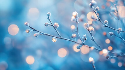 Frosty Branch with Buds and Glowing Bokeh Background in Blue Tone